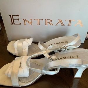 White silk wedding shoes with rhinestone buckles